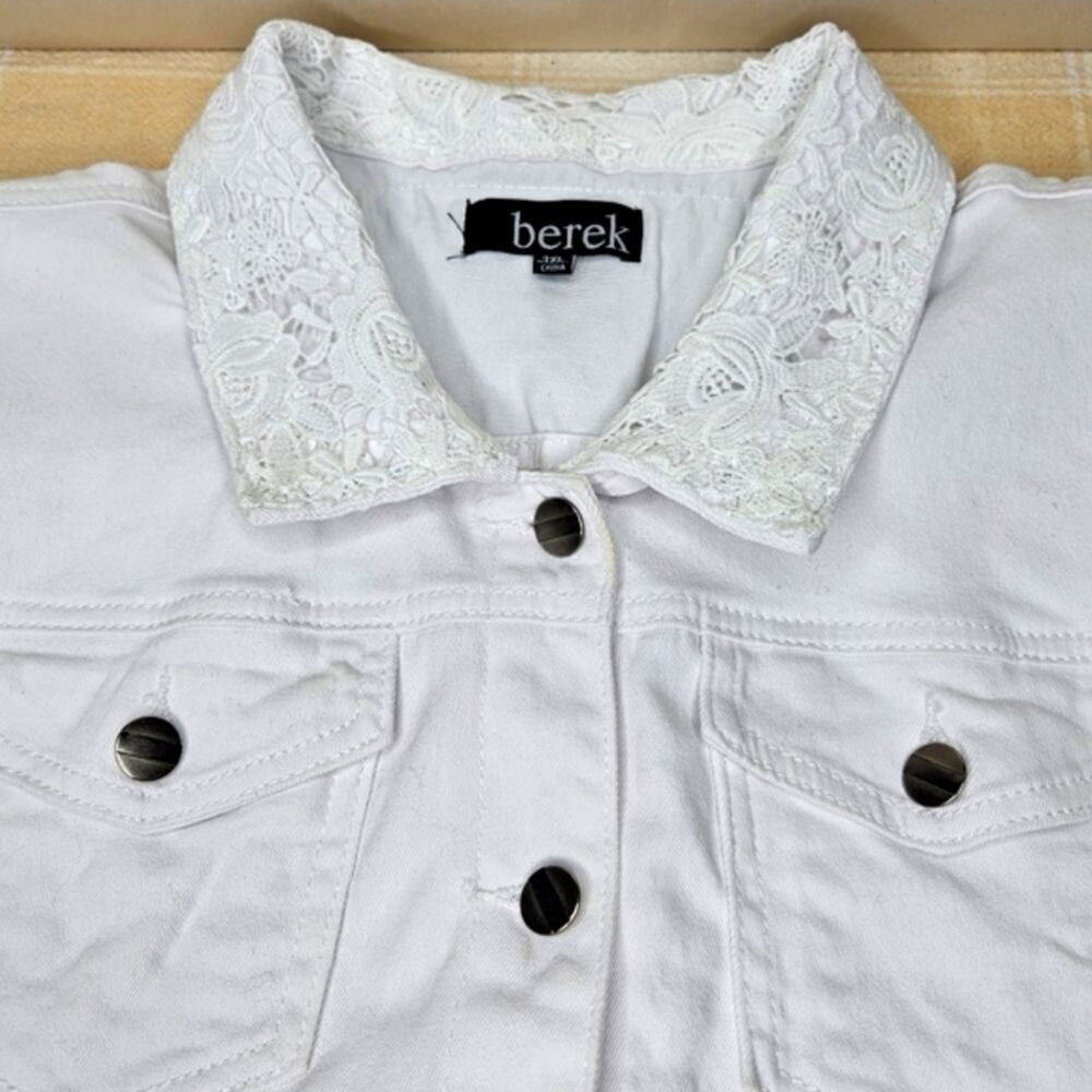 Berek Vintage White Denim Lace Sleeves Sequin Embroidered Boho Chic Jean Jacket - Picture 3 of 13